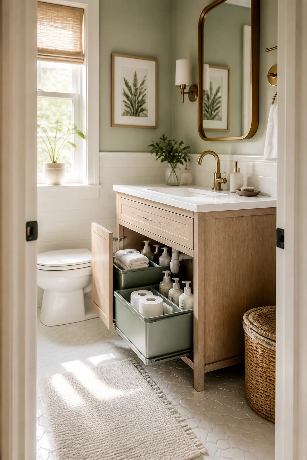 Pull-out bins under a bathroom sink holding refill bottles stacked around the plumbing