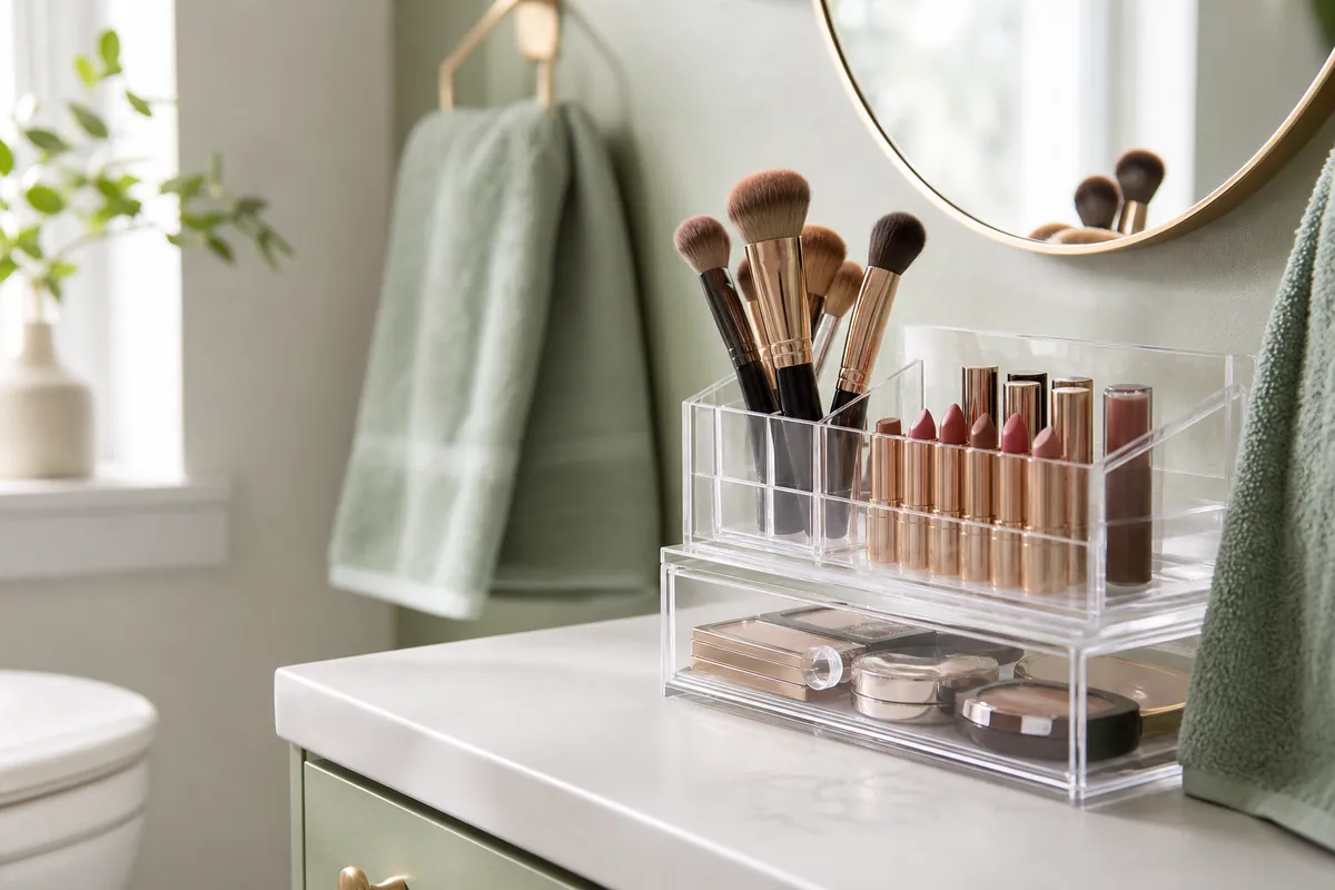 Vertical cosmetic organizer holding brushes and lipsticks upright to keep makeup off a tiny bathroom vanity counter