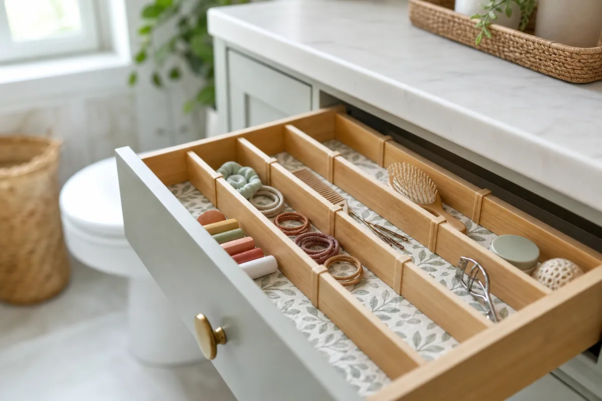 Open bathroom drawer with adhesive liner and bamboo dividers creating tidy lanes to reduce clutter on the counter above