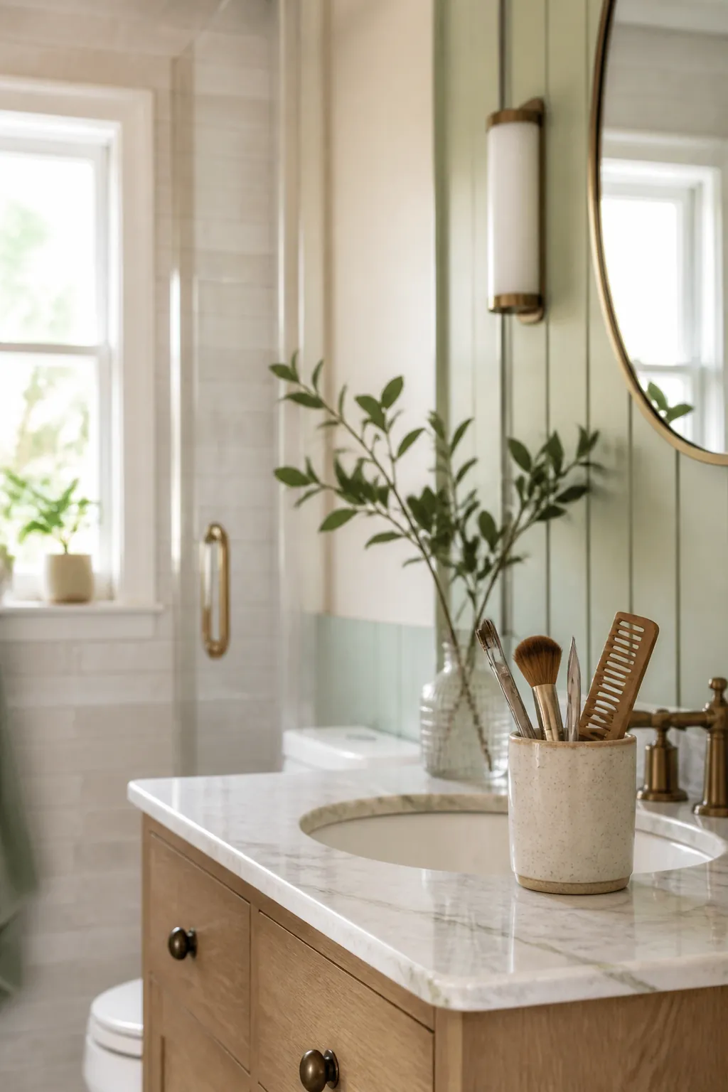 A small ceramic canister on a vanity holding brushes, tweezers and a comb standing upright