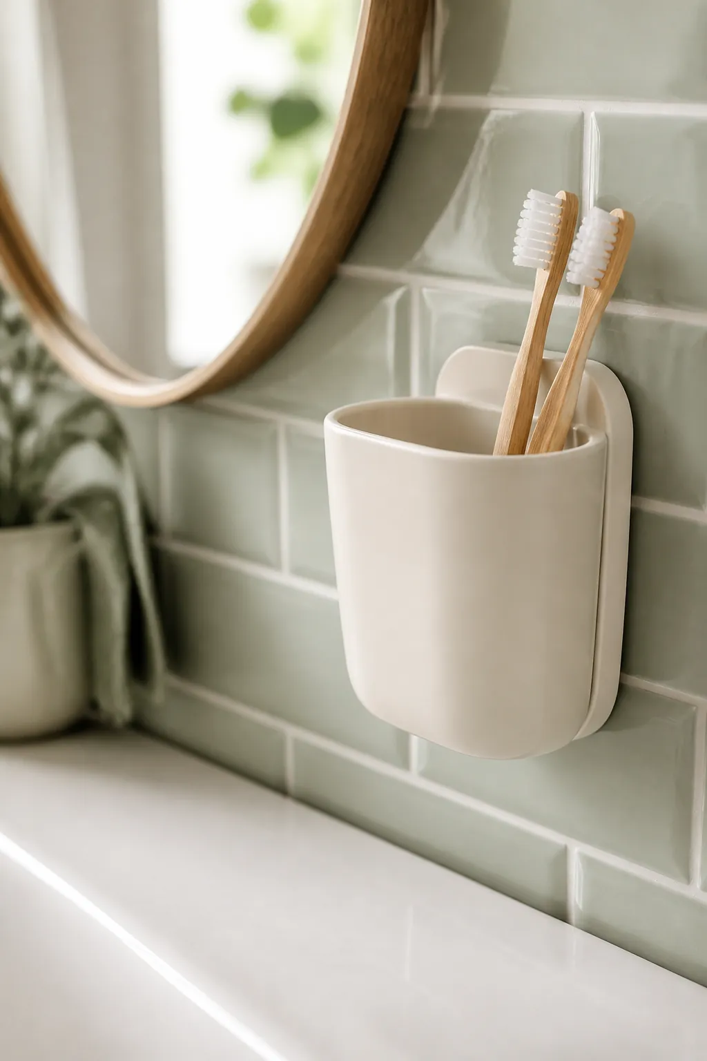 An adhesive toothbrush holder on tile beside a mirror with the counter below left empty