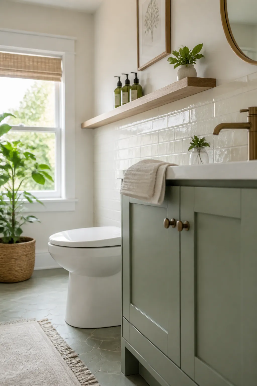 A narrow shelf above a bathroom backsplash holding three daily bottles at eye level