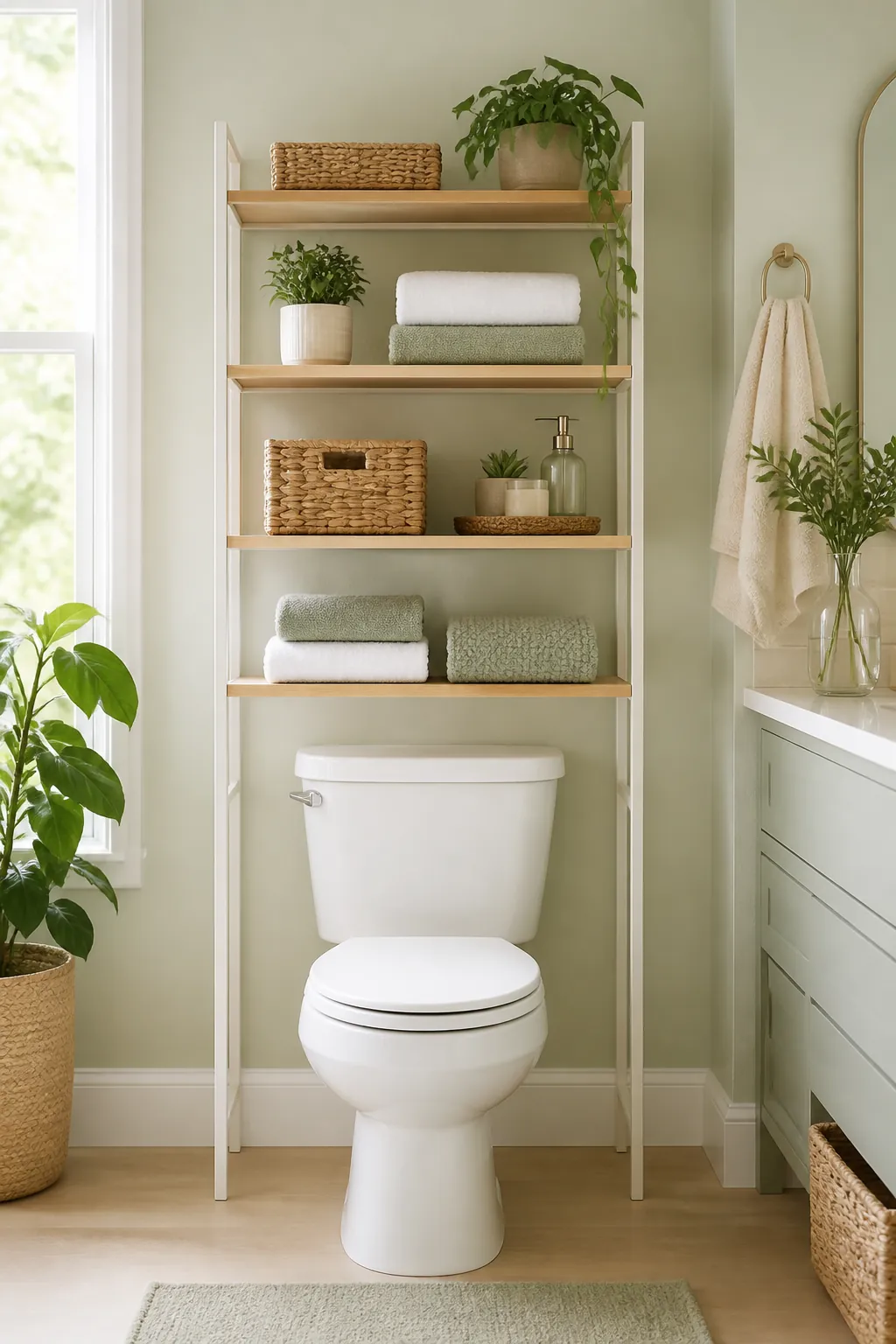 A slim shelving unit standing over a toilet holding folded towels and baskets on its shelves