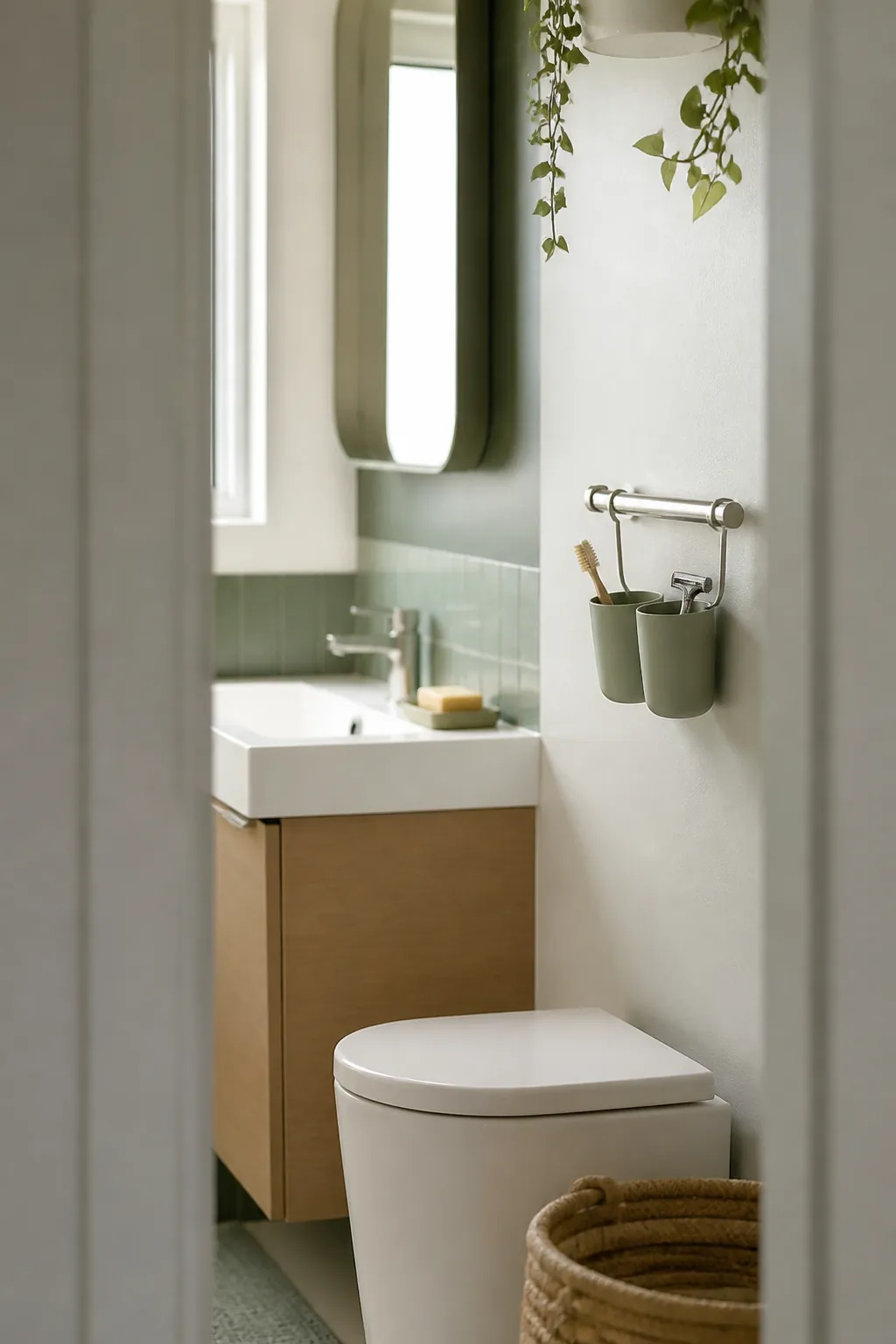 A slim wall rail with two hanging cups holding a toothbrush and a razor off the counter