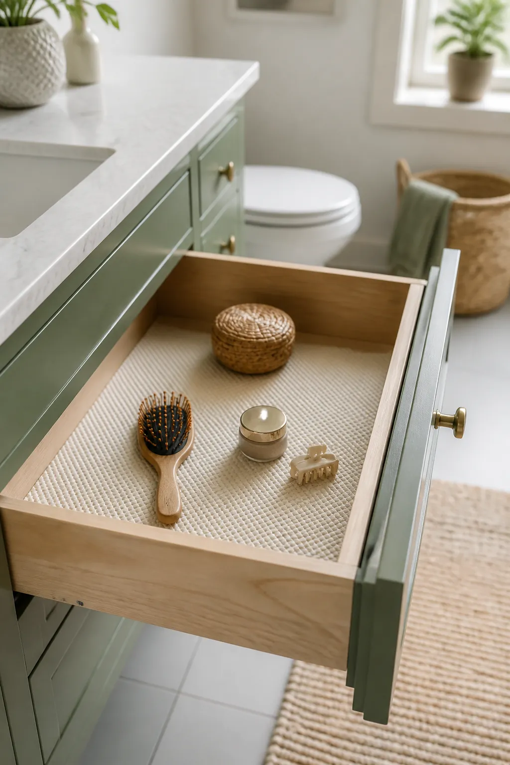 An open bathroom drawer with a grippy liner across the base keeping items from sliding