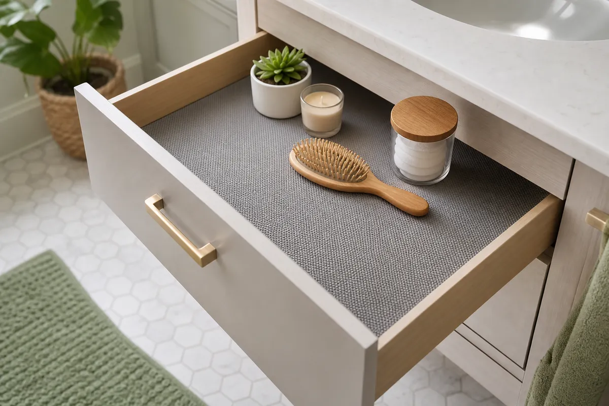 A bathroom drawer lined with non-slip liner so bottles and tubes stay put instead of sliding when the drawer opens