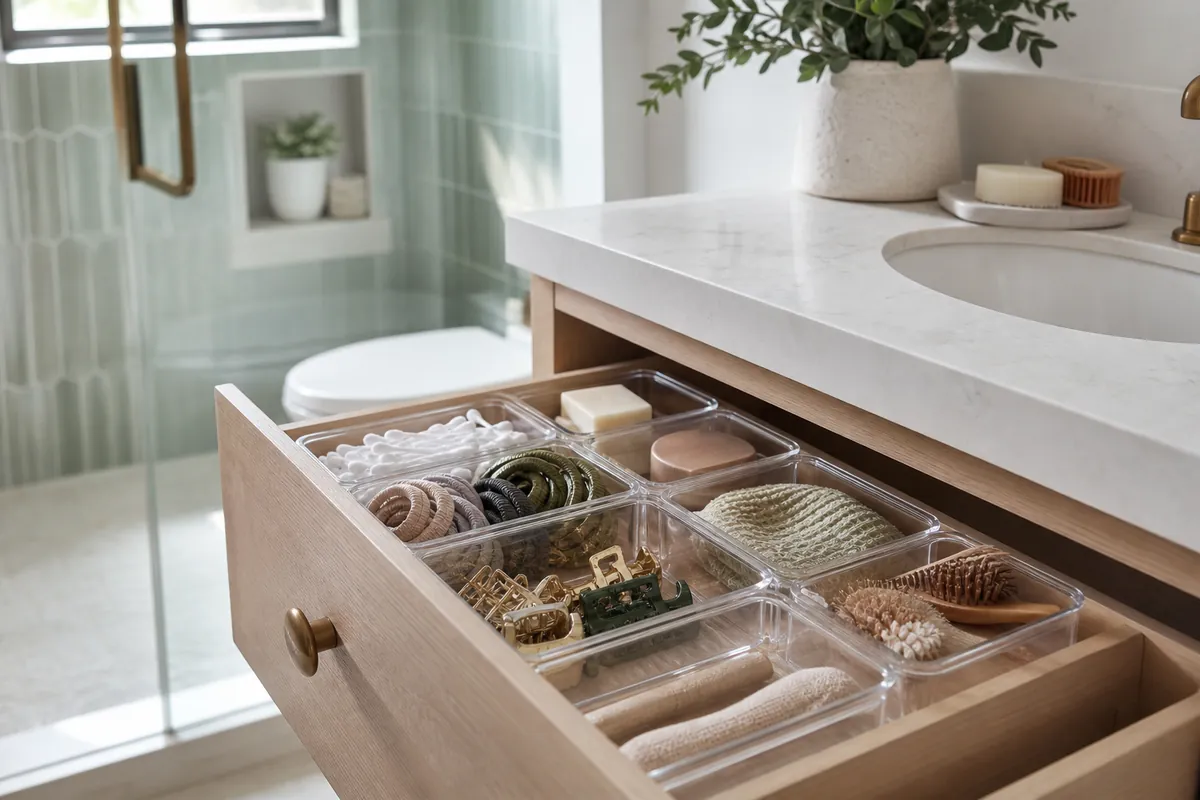 Clear acrylic drawer trays dividing a bathroom drawer into sections, each holding one category of small toiletries