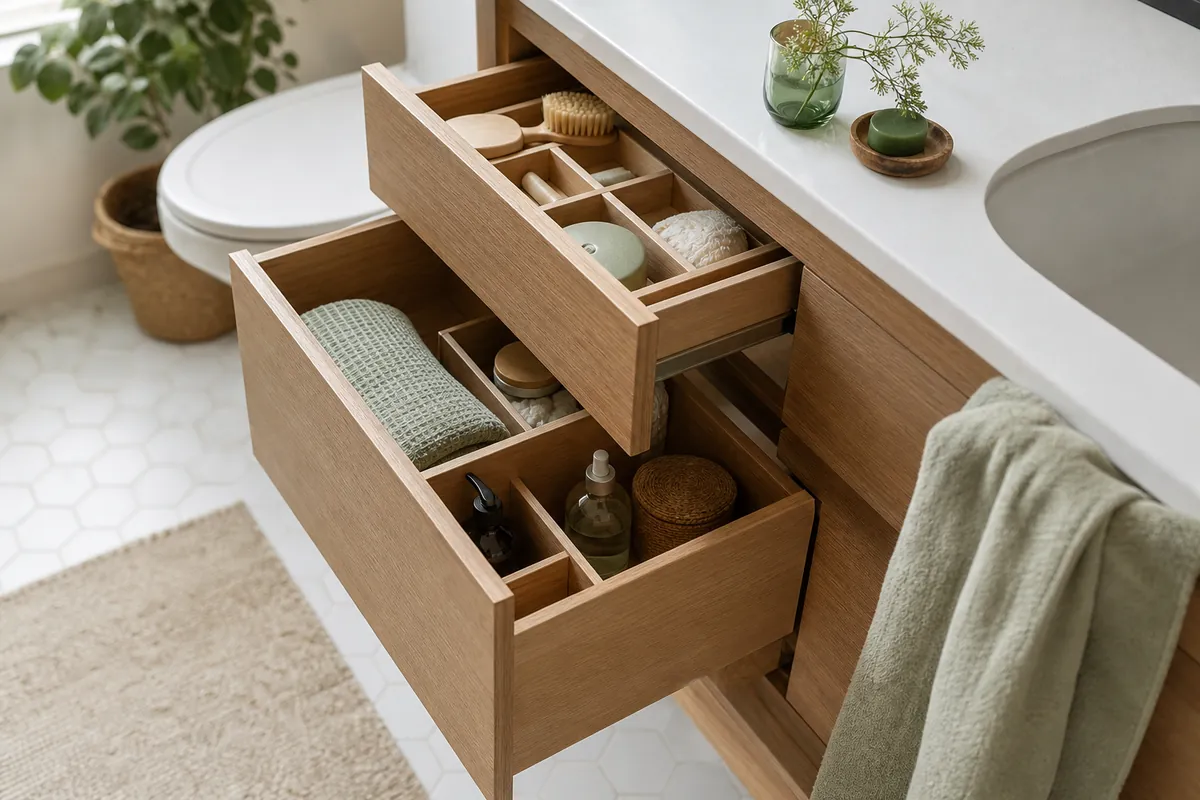 A shallow and a deep bathroom drawer side by side, each fitted with organizers sized to that drawer's depth