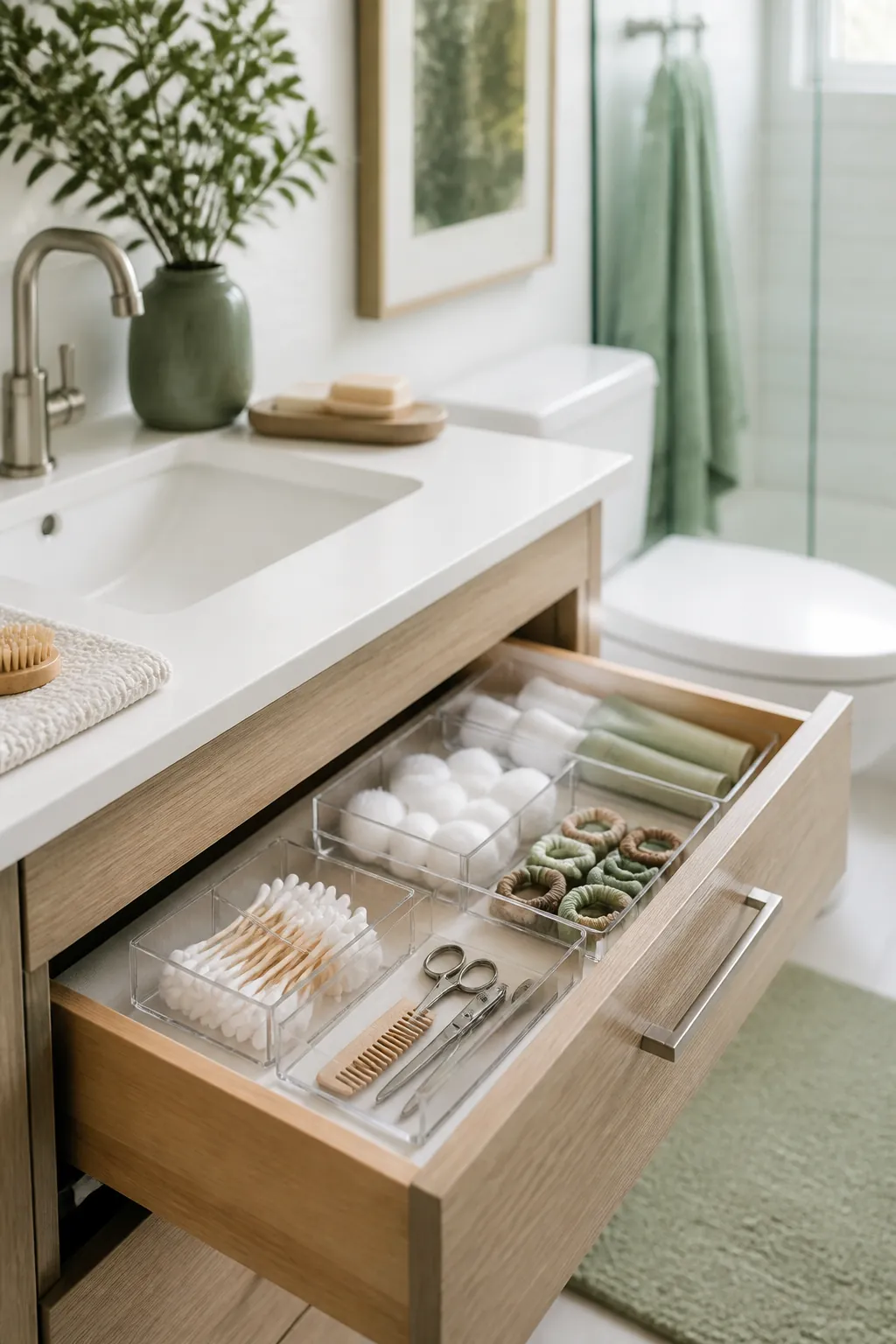 Clear acrylic trays dividing a bathroom drawer with one category in each section