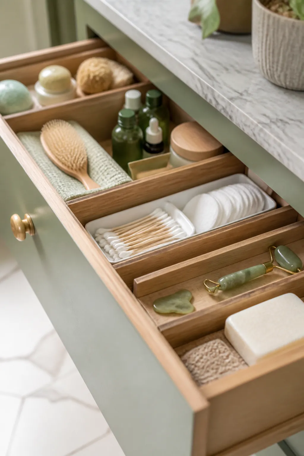 An open bathroom drawer with daily items in the front trays and rare ones at the back