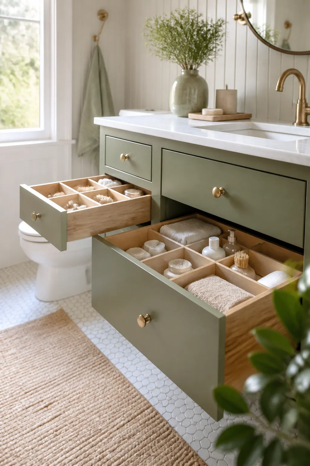 A shallow drawer and a deep drawer side by side with organizers sized to each depth