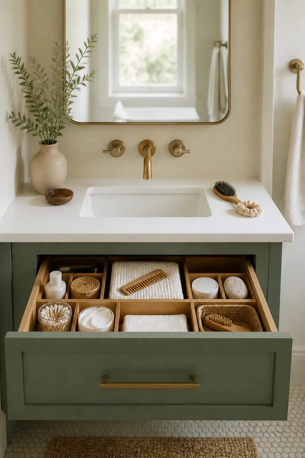A tidy open bathroom drawer with two stray items on the counter above it