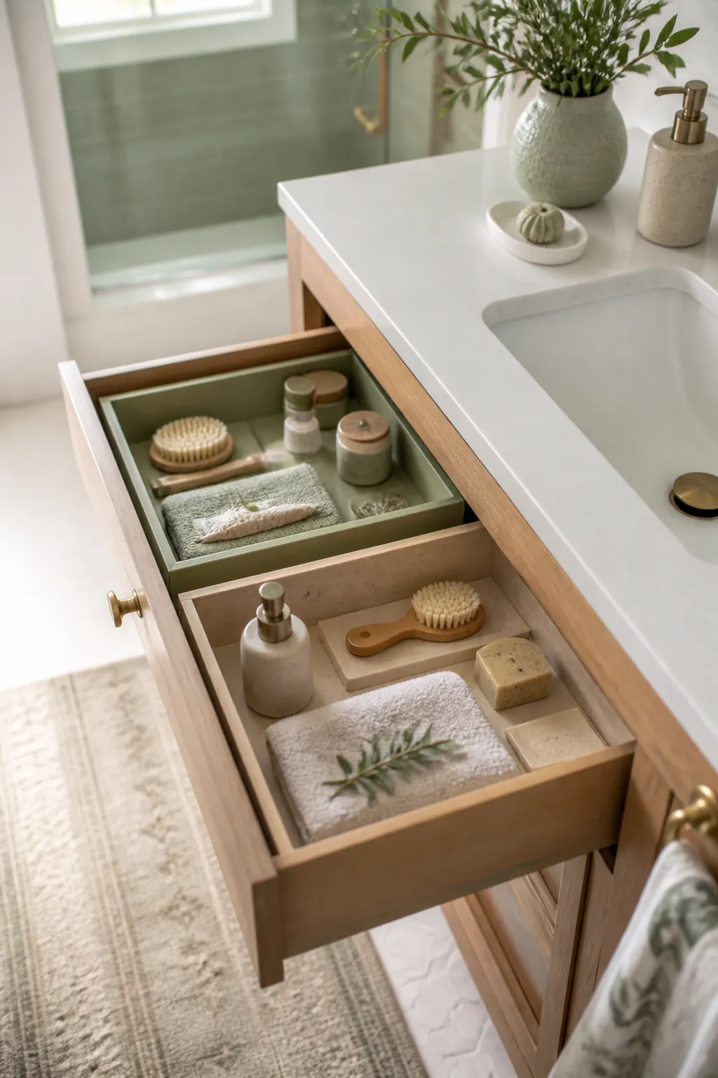 An open bathroom drawer split into two labeled halves with one tray per person