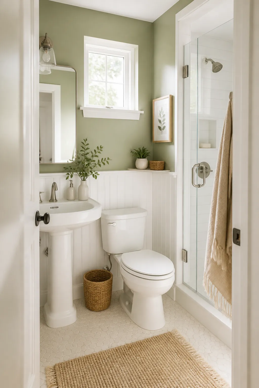 A small bathroom with a pedestal sink, toilet and shower stall and no vanity cabinet