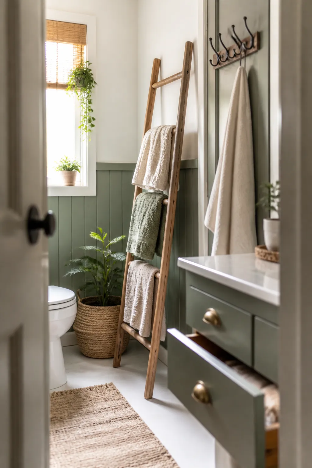 A leaning wooden ladder with towels draped over its rungs beside adhesive hooks on the door