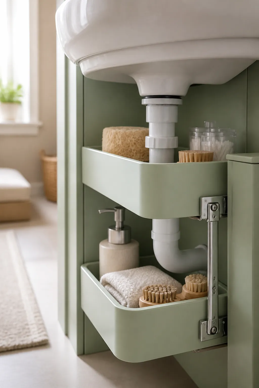 A two-tier pull-out organizer under a pedestal sink with the drain pipe passing between tiers