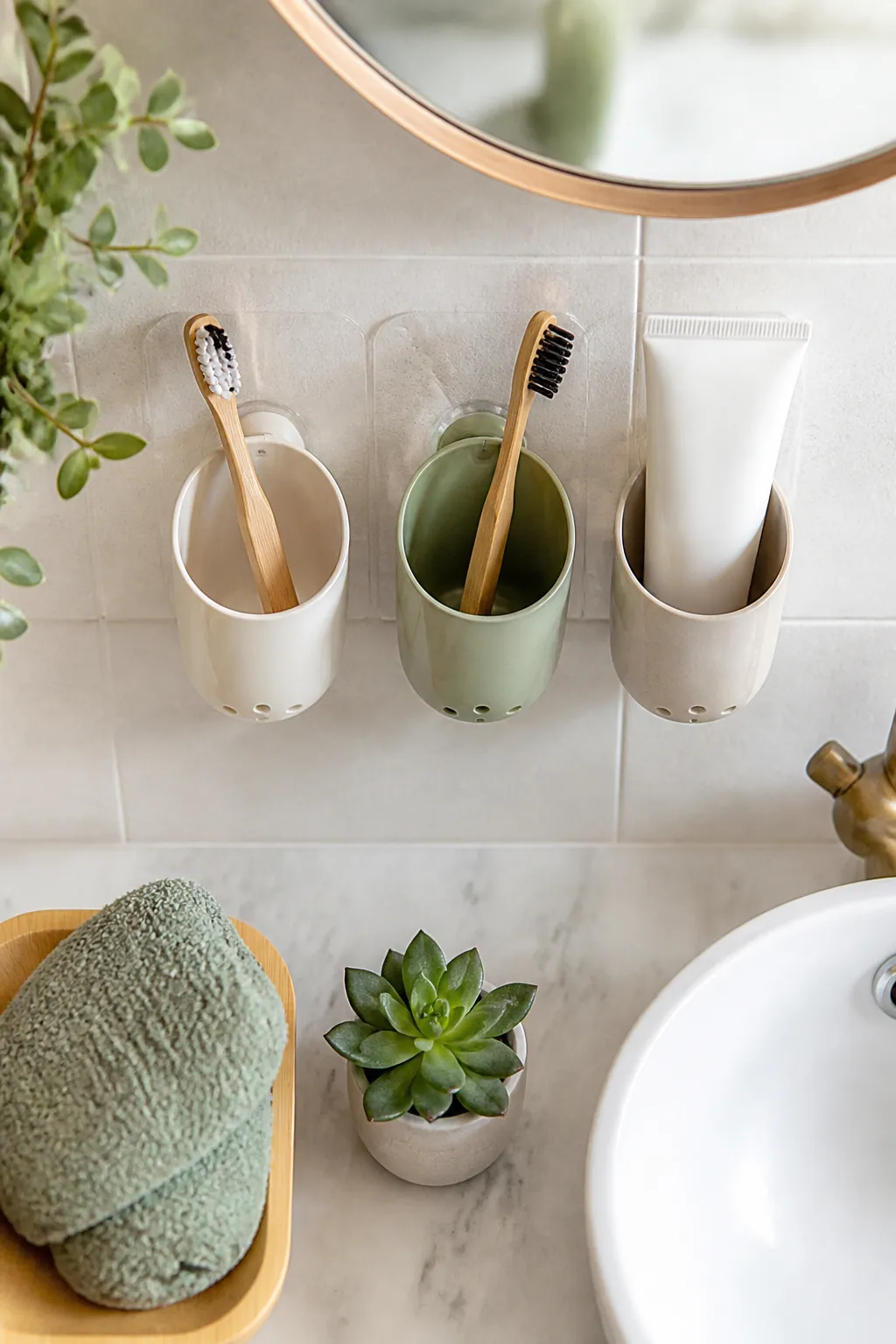 Adhesive wall cups on bathroom tile holding toothbrushes and a tube upright above the sink