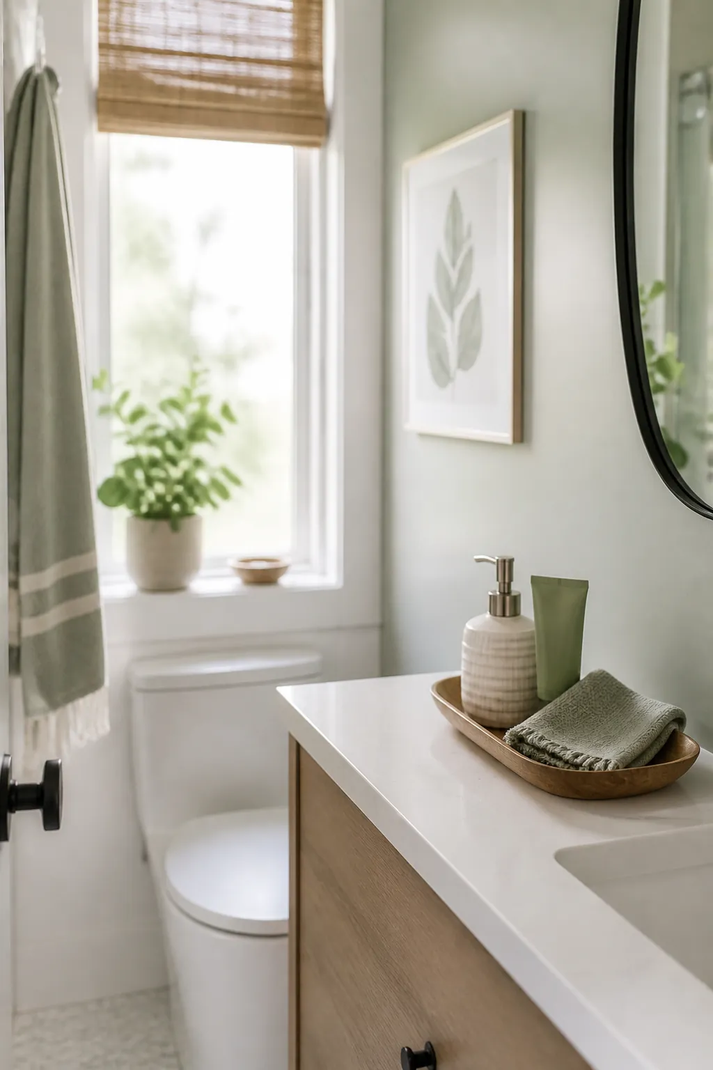 A small tray on a narrow counter grouping a soap pump, hand cream and folded cloth