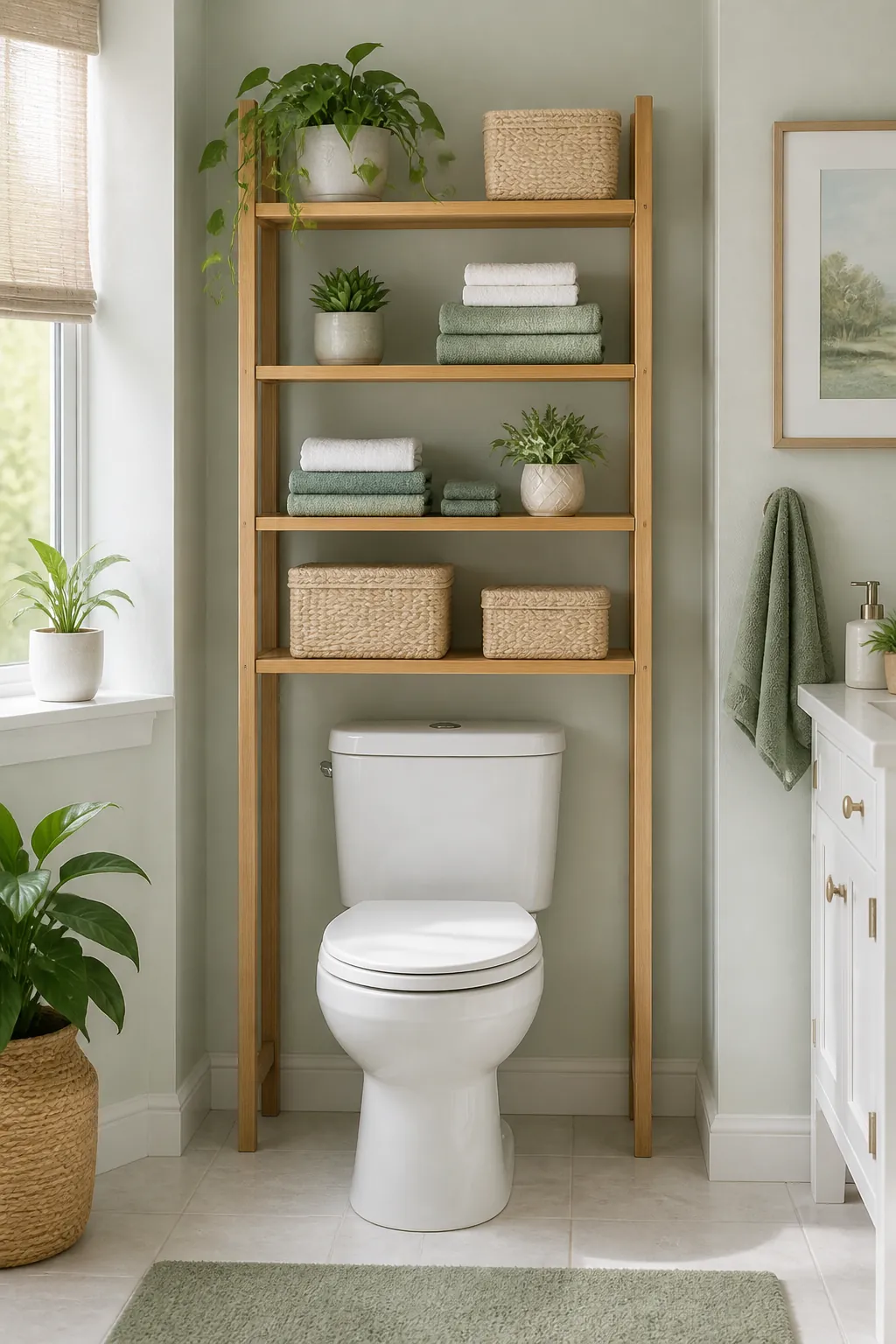 A slim four-shelf unit standing over a toilet with towels and lidded baskets on its shelves