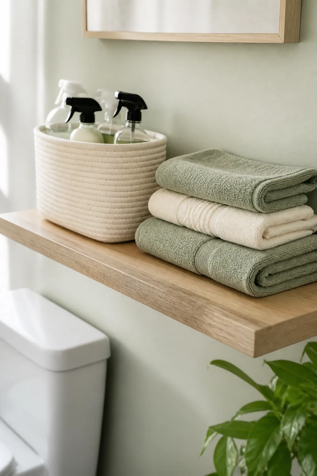 A cloth-lined basket holding spray bottles on an open shelf beside a stack of folded towels