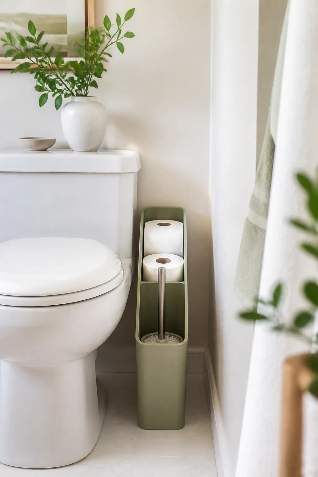 A tall narrow bin wedged between a toilet and the wall holding a brush and spare rolls
