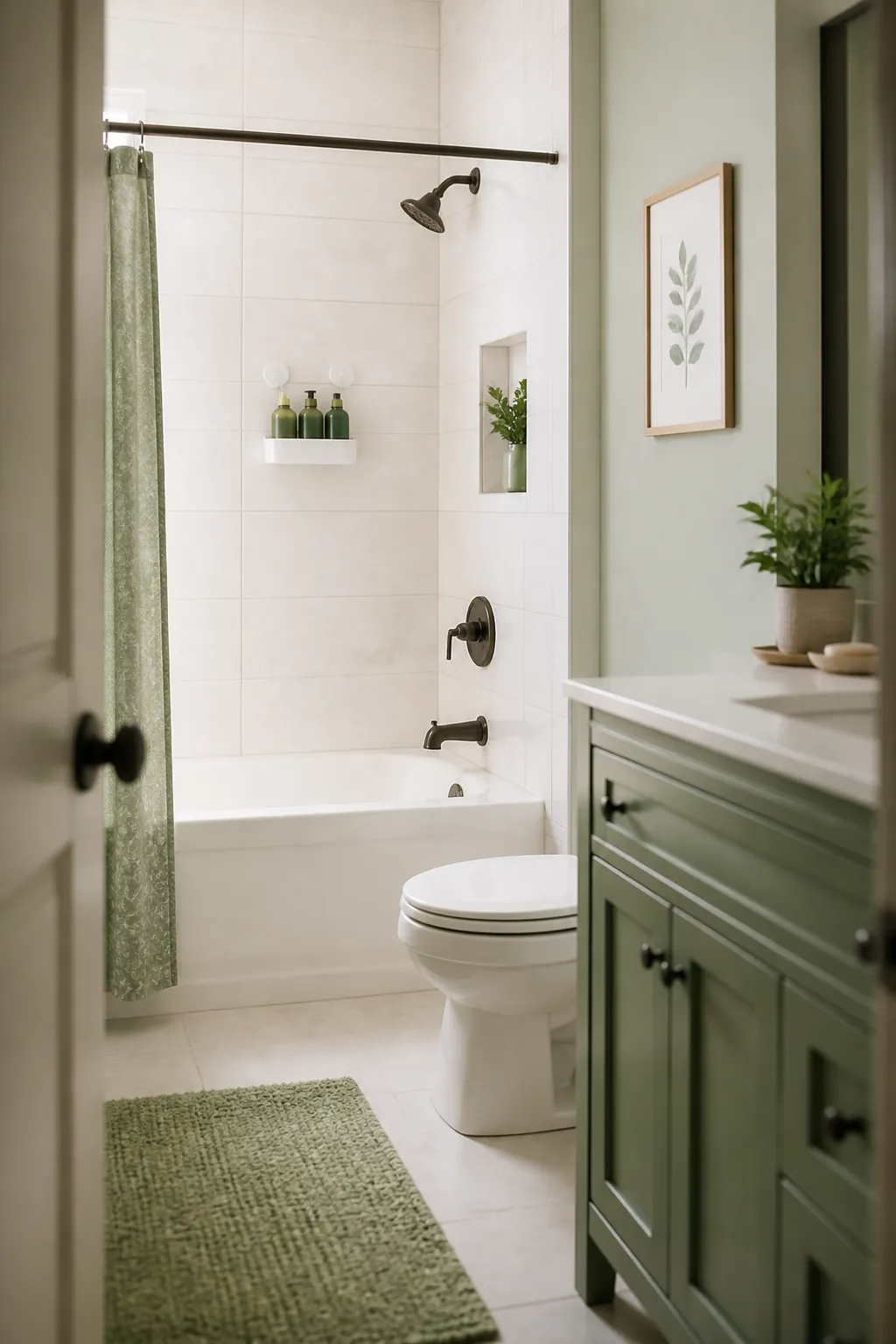 A suction-cup caddy on shower tile holding bottles upright above an empty tub rim