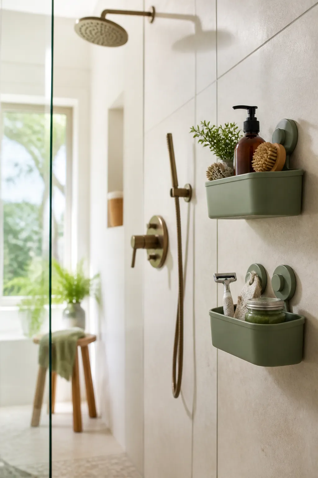 A small second suction caddy on shower tile holding a razor, pumice stone and face scrub