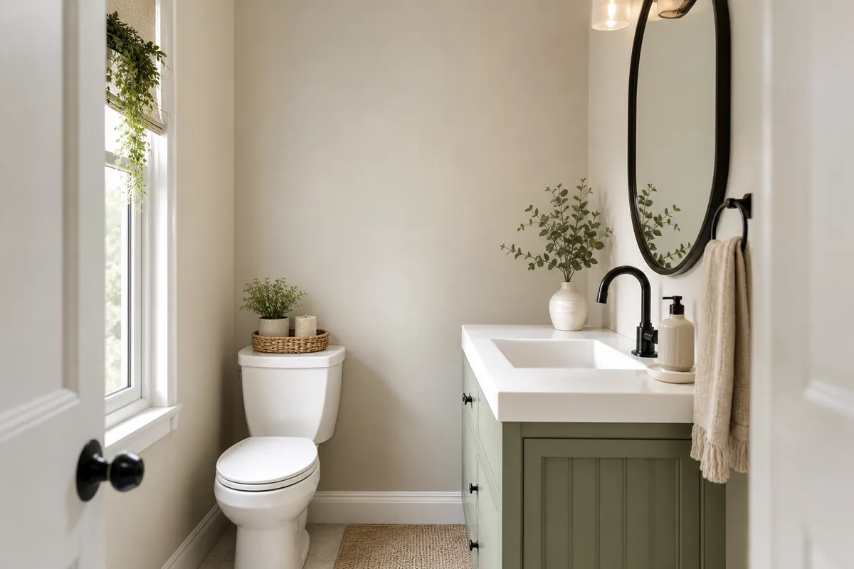 A small bathroom with no cabinet showing the unused wall above the toilet and the narrow gap beside the sink