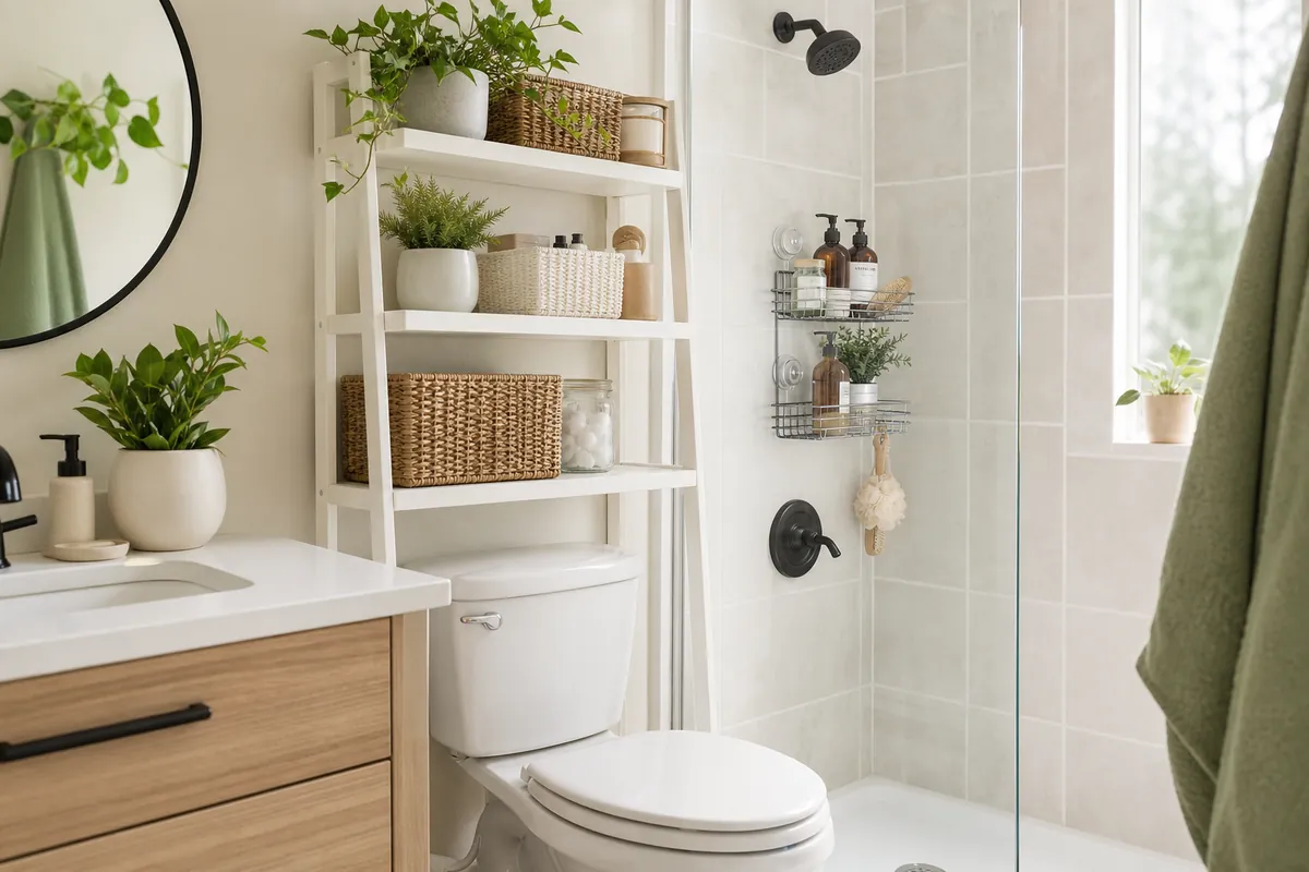An over-toilet shelf and a suction shower caddy working together as bathroom storage in a room with no cabinet