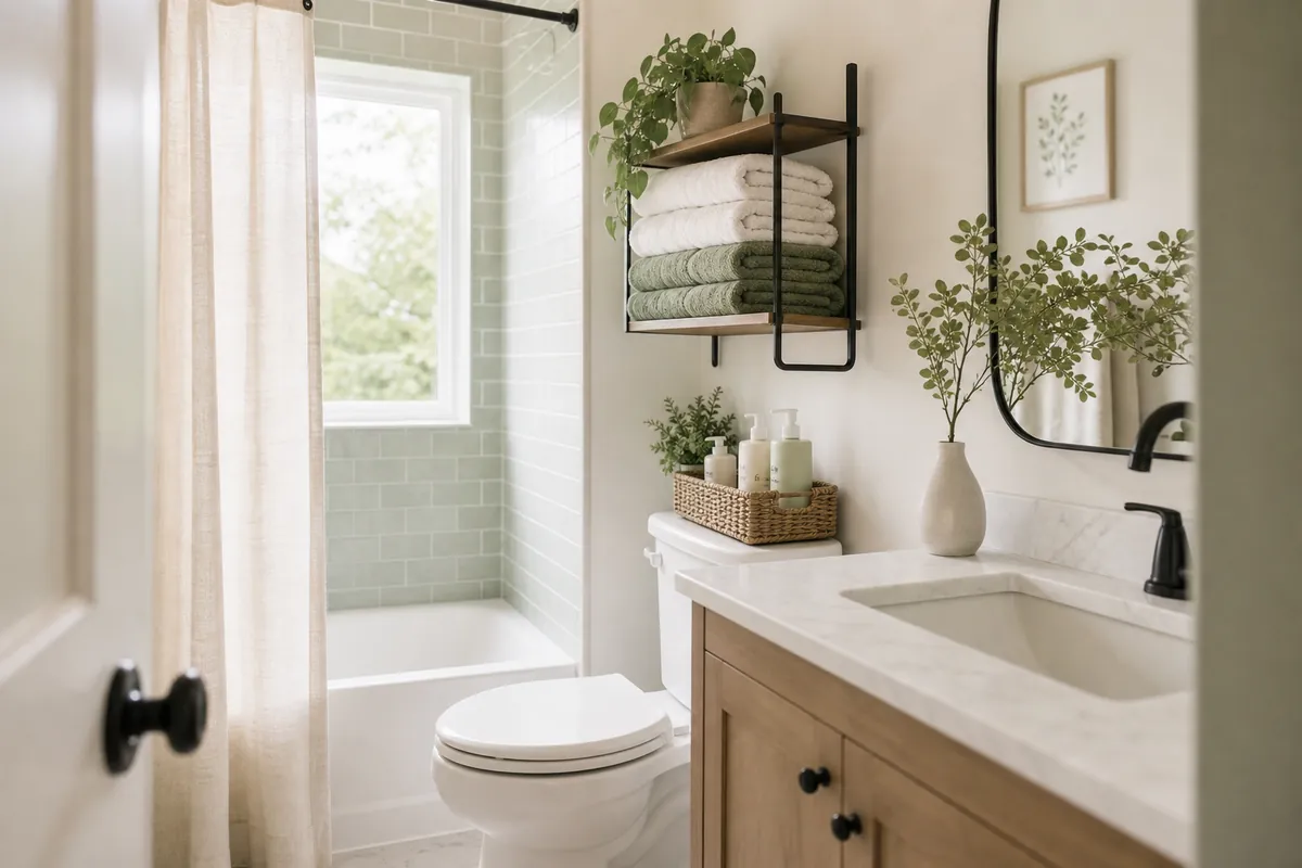 A finished no-cabinet bathroom with towels on a shelf, bottles contained and the sink surround left clear