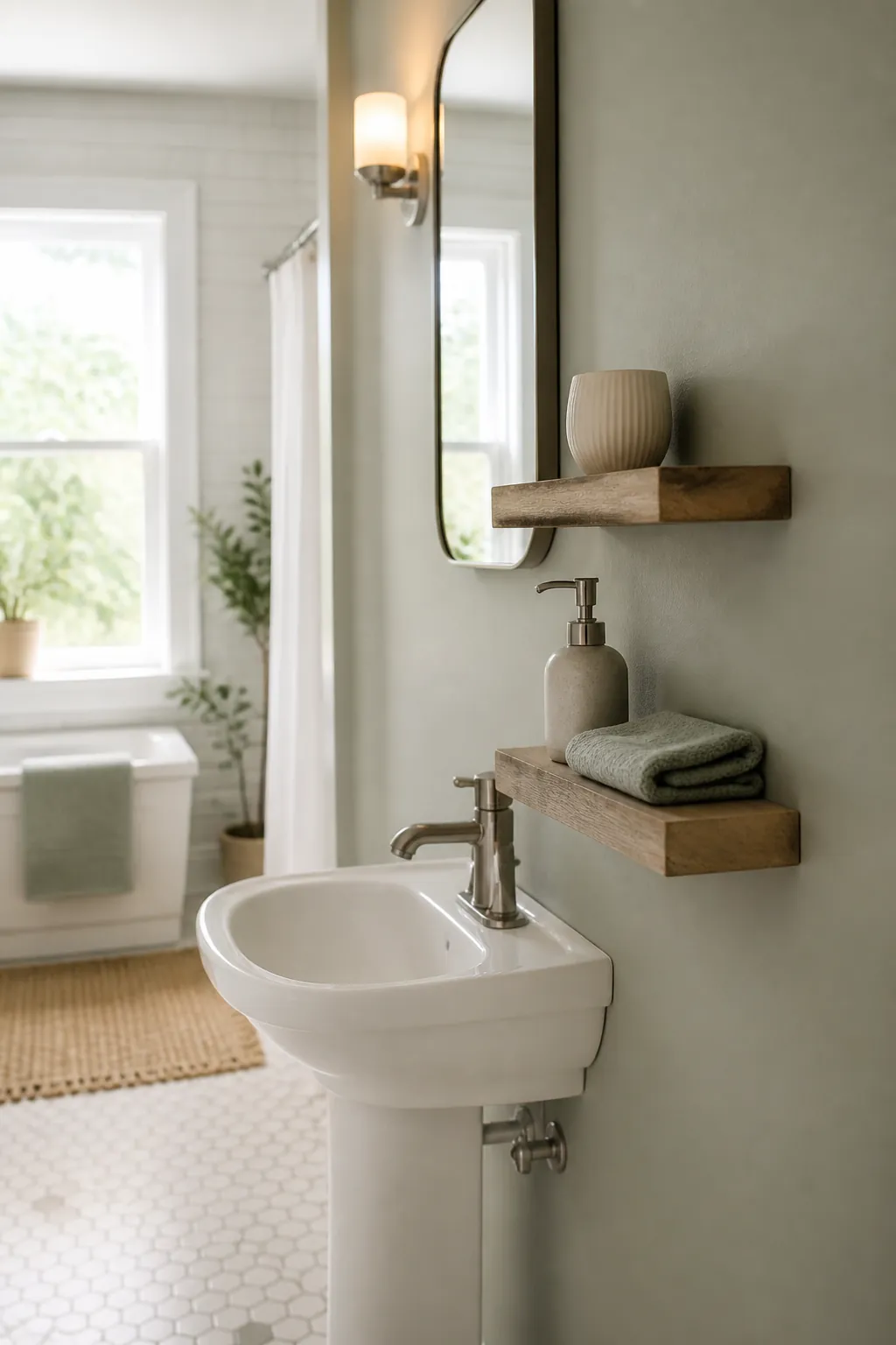Two narrow floating ledges beside a pedestal sink holding a tumbler, soap pump and cloth