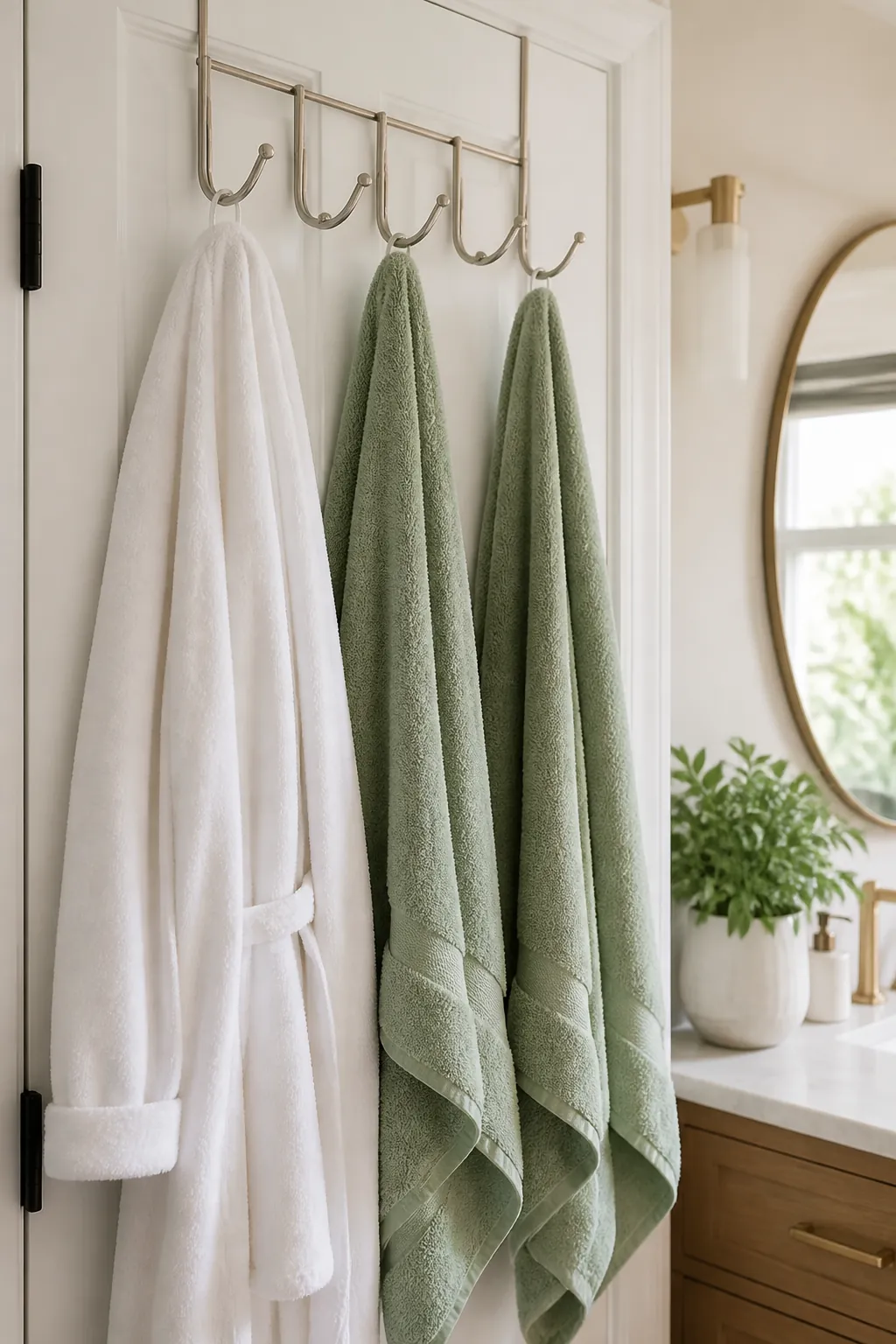 An over-the-door hook rack on a bathroom door holding a robe and two hanging towels
