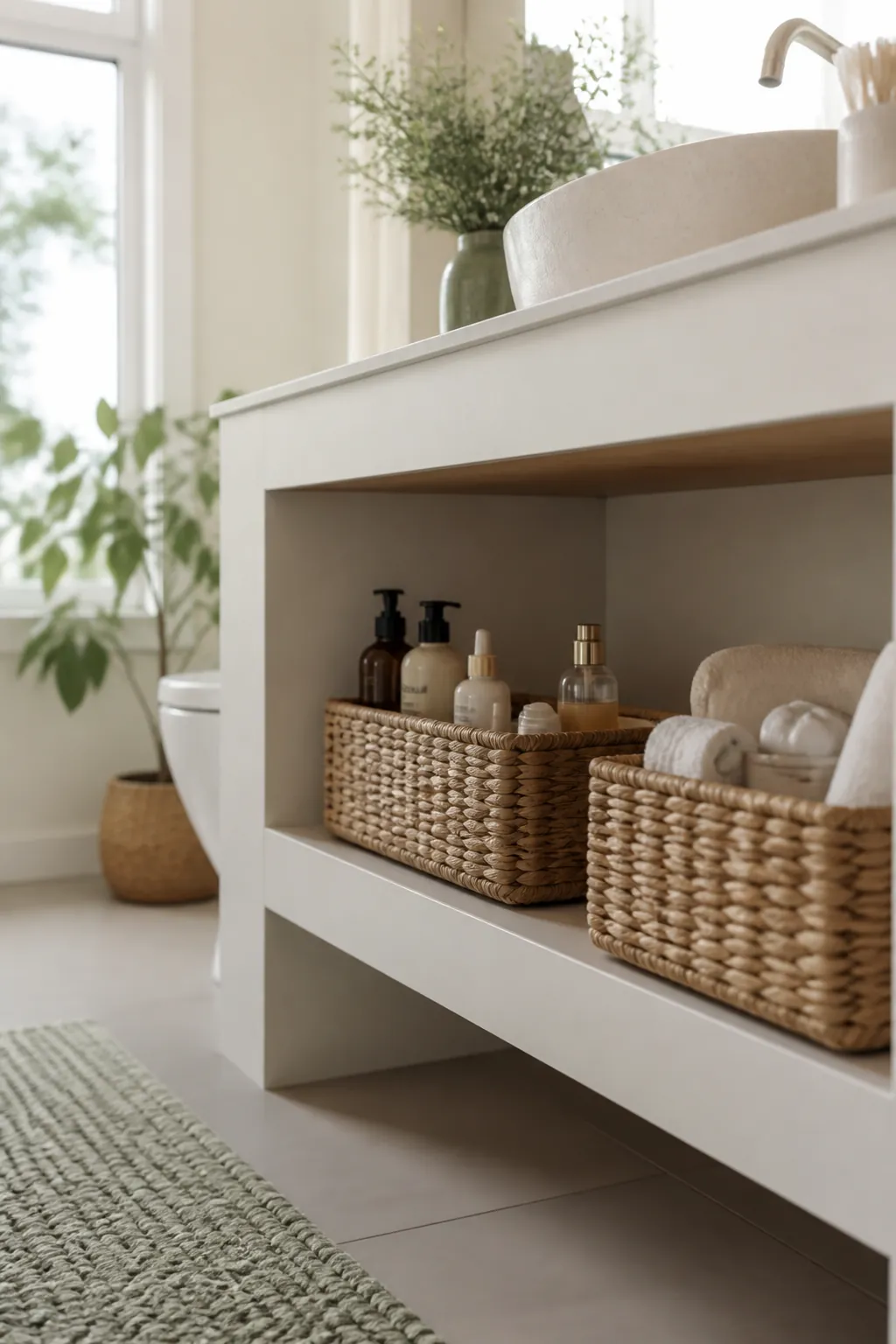 Two matching baskets on an open bathroom shelf grouping skincare bottles and first-aid items