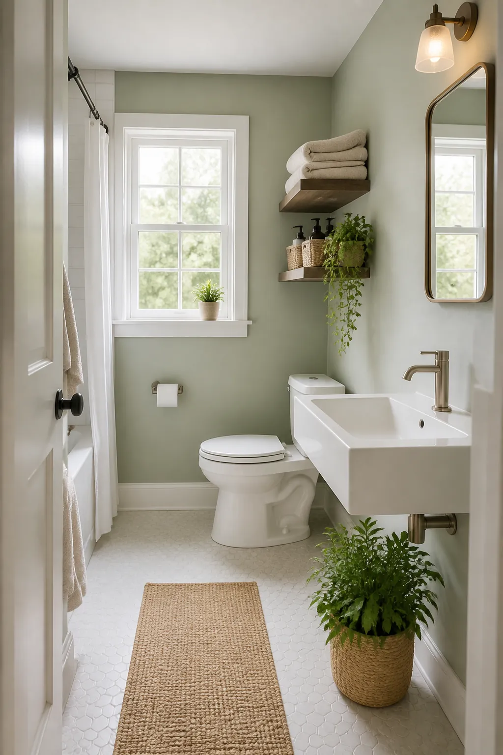 A finished no-cabinet bathroom with towels on a shelf, bottles in baskets and a clear sink surround