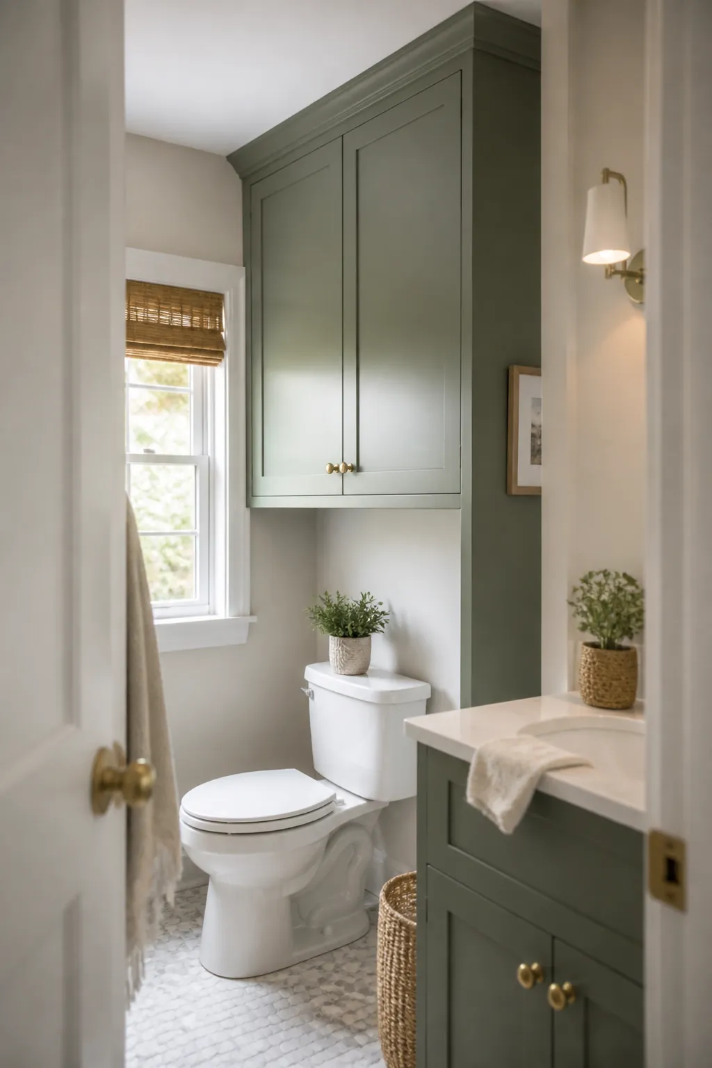 A bulky enclosed cabinet over a toilet crowding a narrow bathroom with its solid doors