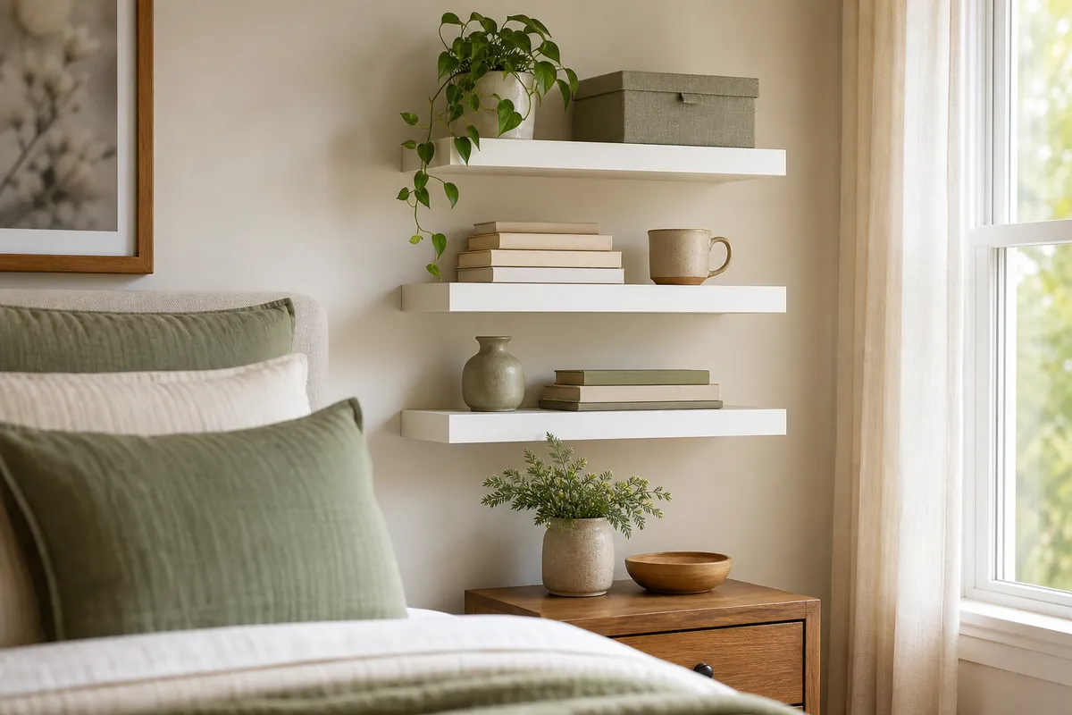 Three floating wall shelves stacked above a nightstand, a vertical bedroom storage idea that adds surface without using any floor space