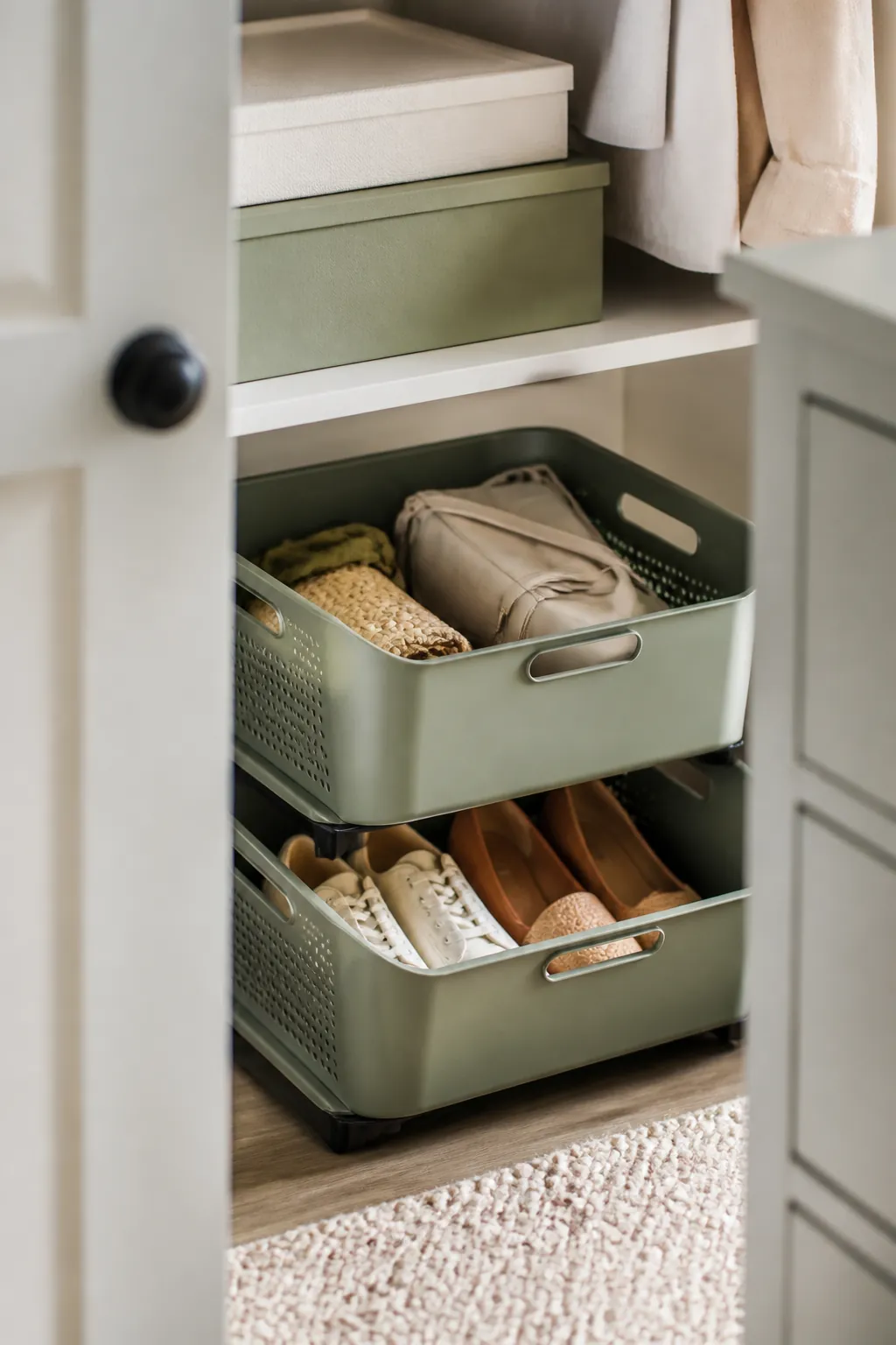 Two stacking bins on a closet floor holding shoes and bags with boxes on the shelf above