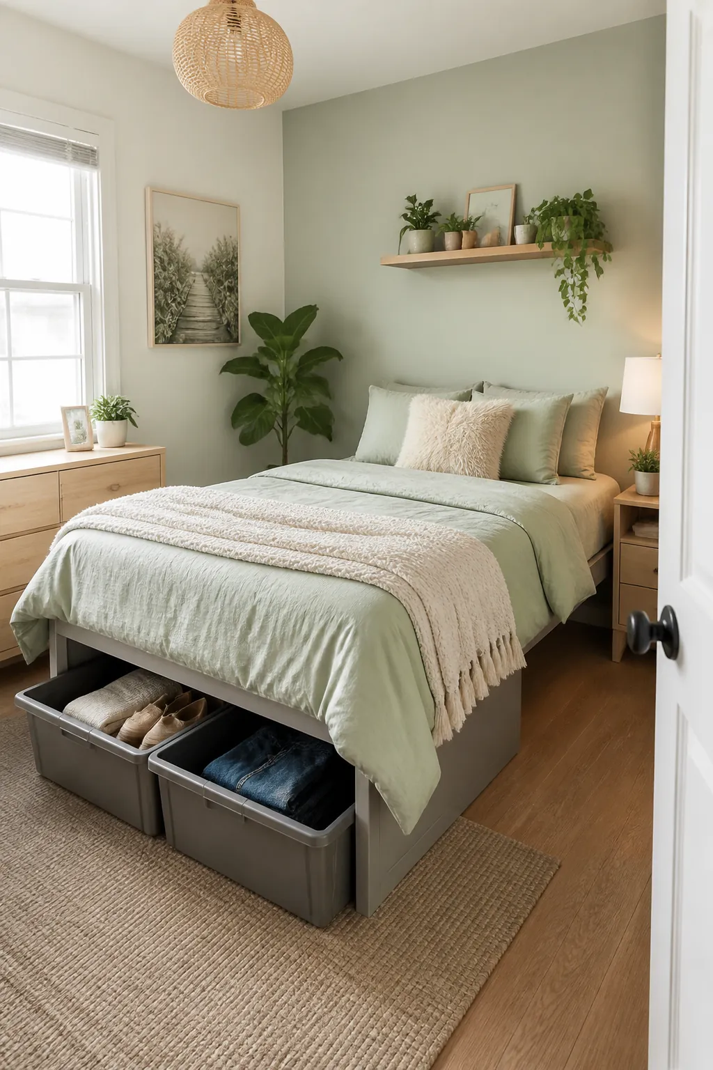 Two under-bed bins side by side, one labeled for the current season and one sealed