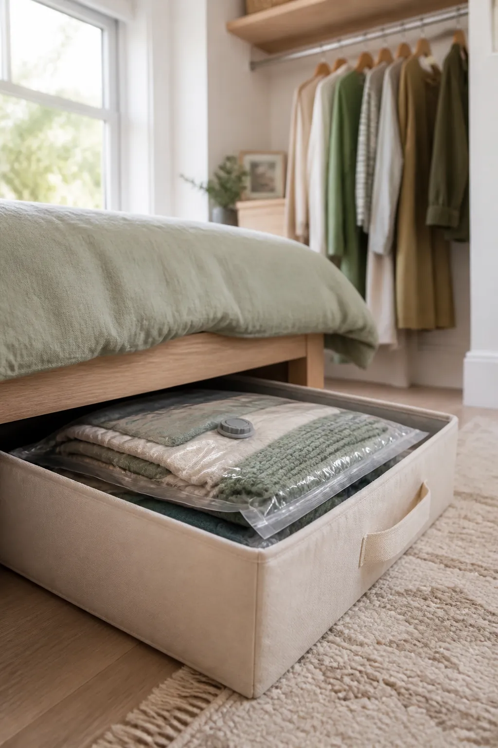 A compression bag of off-season clothes going into an under-bed bin beside a closet rod