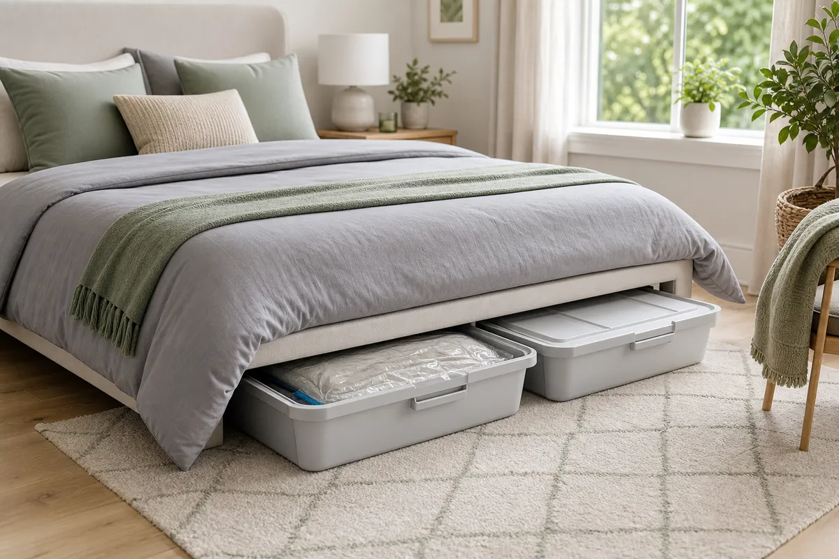 Lidded under-bed storage bins sliding out from beneath a bed, holding compressed bedding, a classic small bedroom storage idea