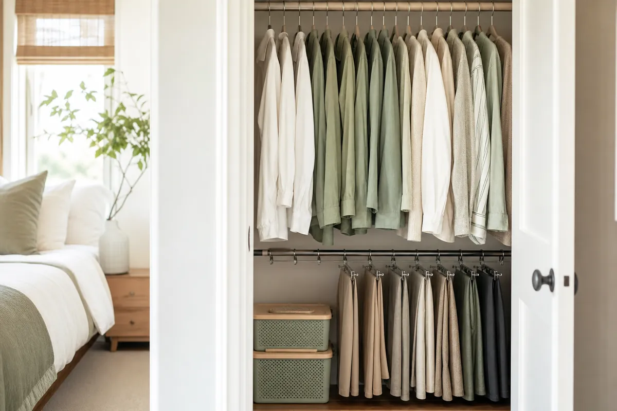 Closet with slim velvet hangers on a double rod and stacking bins below, doubling capacity in a small bedroom storage setup