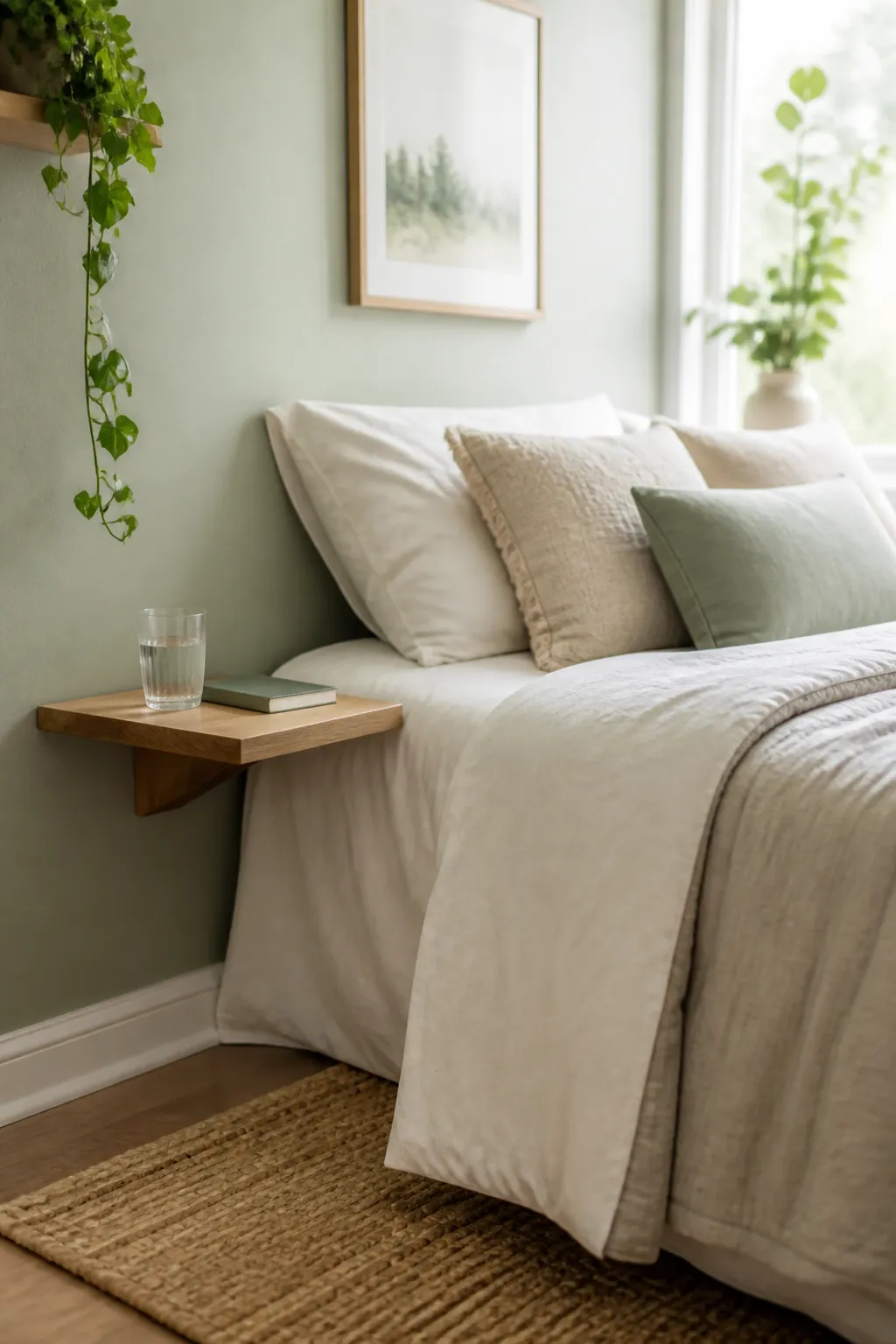 A small shelf at mattress height beside a bed holding a glass of water and a book