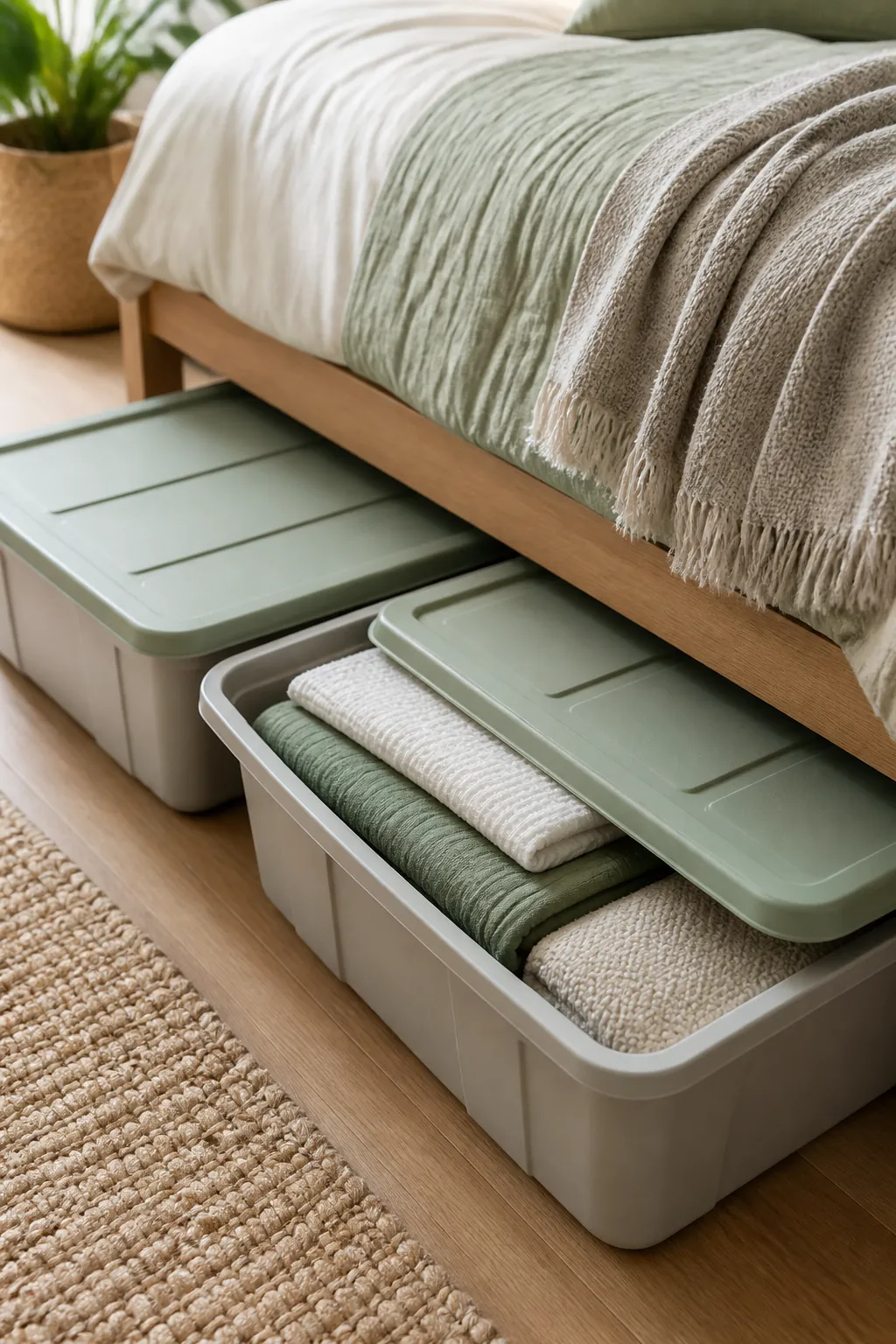 Two lidded under-bed bins sliding out from beneath a bed with folded bedding inside