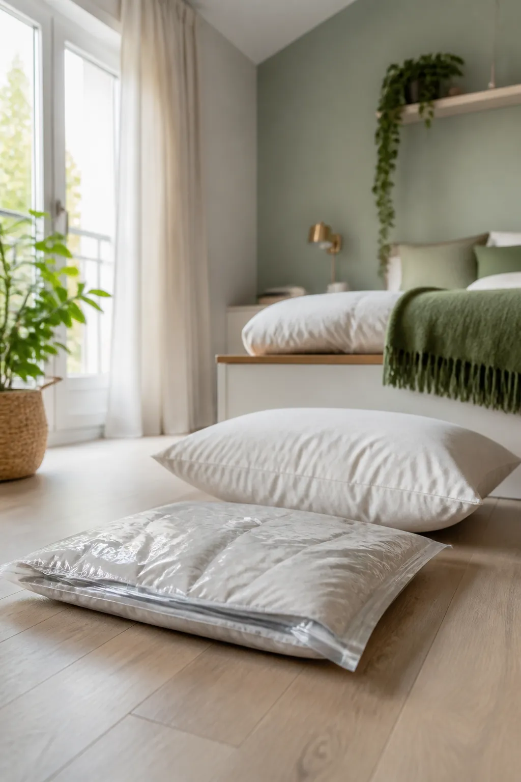 A vacuum compression bag with a flattened duvet beside an uncompressed pillow for scale