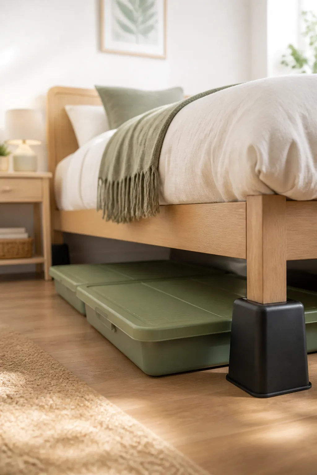 A bed leg on a riser showing the widened gap beneath with a storage bin sliding in