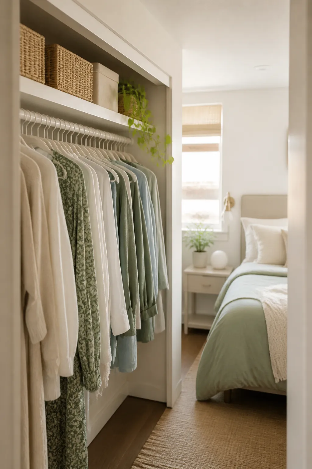 A closet rod filled with identical slim velvet hangers holding evenly spaced garments