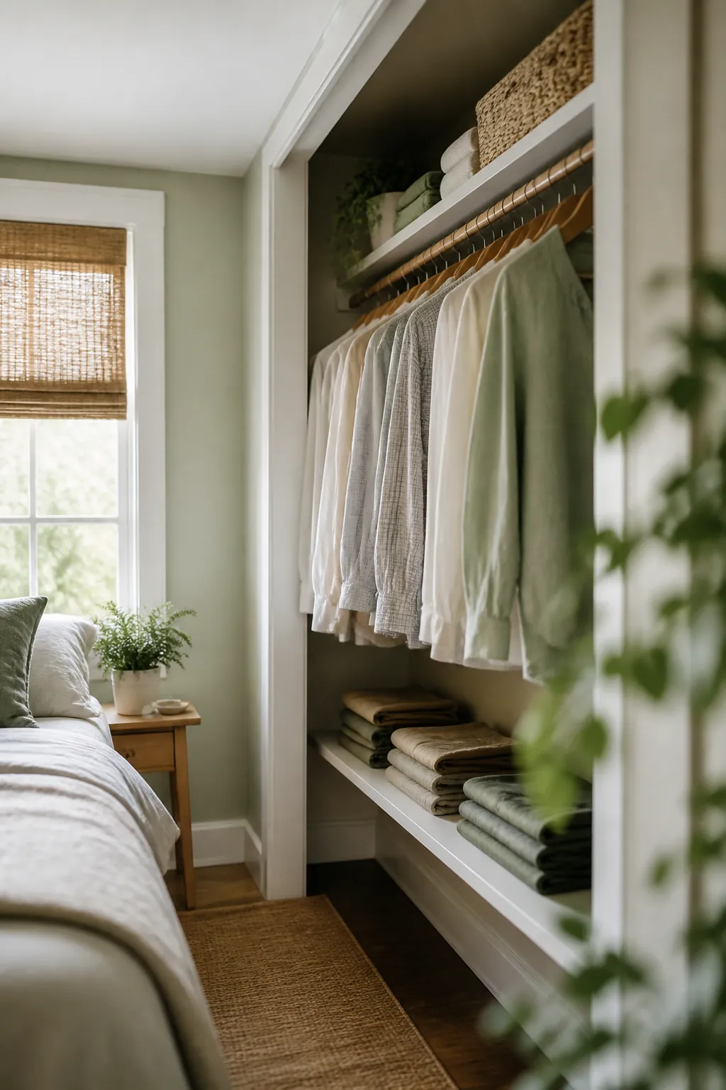 A closet with a second rod beneath the first, shirts above and folded pants below