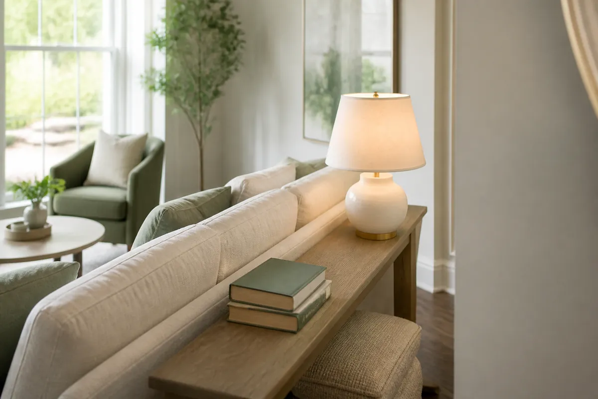 A slim six-inch-deep console table tucked behind a sofa holding a lamp and books