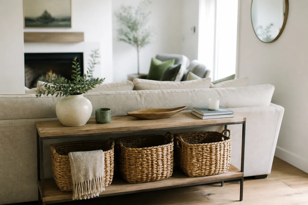 Woven baskets on the lower shelf of a narrow console table behind a sofa