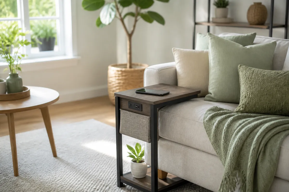 A slim side table with a built-in charging station at the end of a sofa